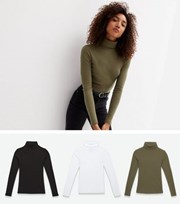 New Look 3 Pack Black White and Khaki Ribbed Roll Neck Tops